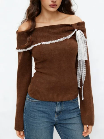 Women's Lace Bow Off-Shoulder Knit Top