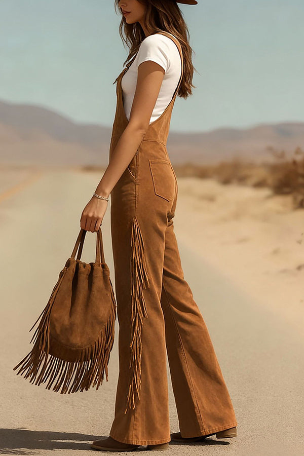 Stylish Suede Tassel Button Pocket Casual Wide-leg Overalls