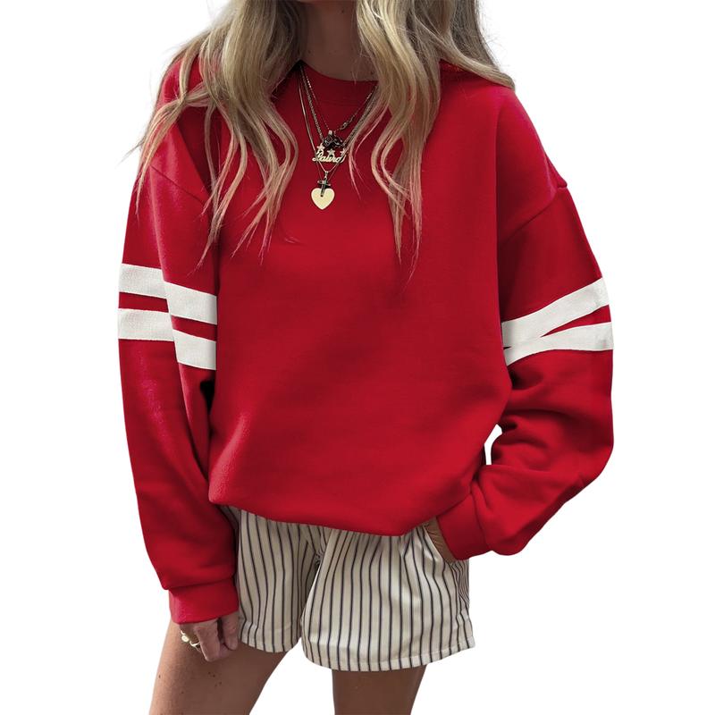Women's Fall Clothing Contrast Stripe Crewneck Sweatshirt Oversized Long Sleeve Casual Pullover