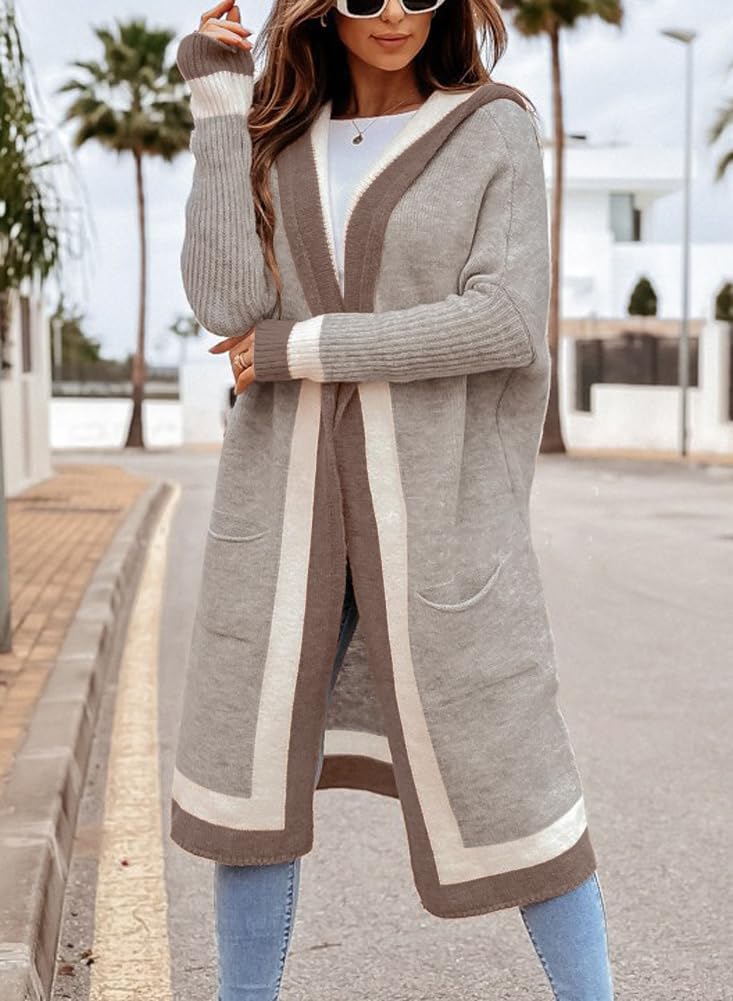 Women's Color Block Vertical Striped Open Front Oversized Hooded Long Cardigan Sweaters with Pockets