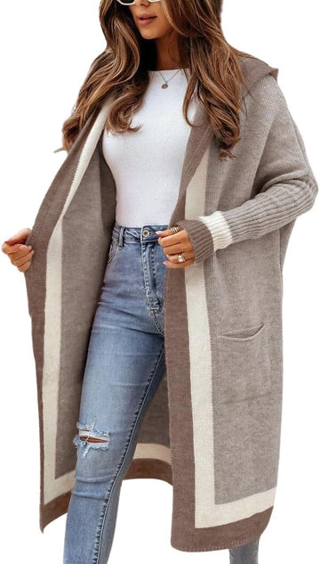 Women's Color Block Vertical Striped Open Front Oversized Hooded Long Cardigan Sweaters with Pockets
