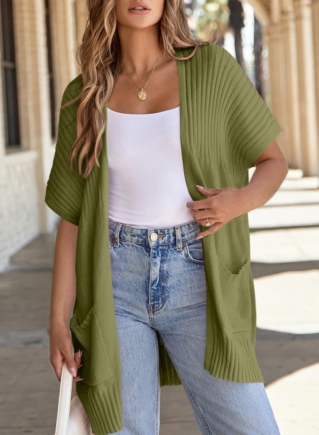 Women's Short Sleeve Pleated Lightweight Open Front Cardigan