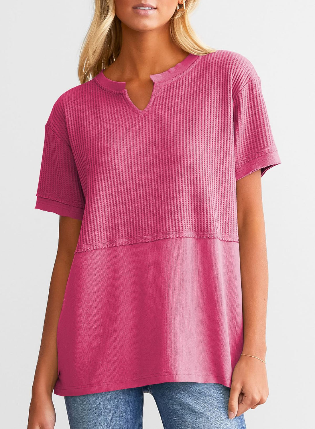 Women's Casual V Neck Waffle Knit Tops Short Sleeve T Shirts