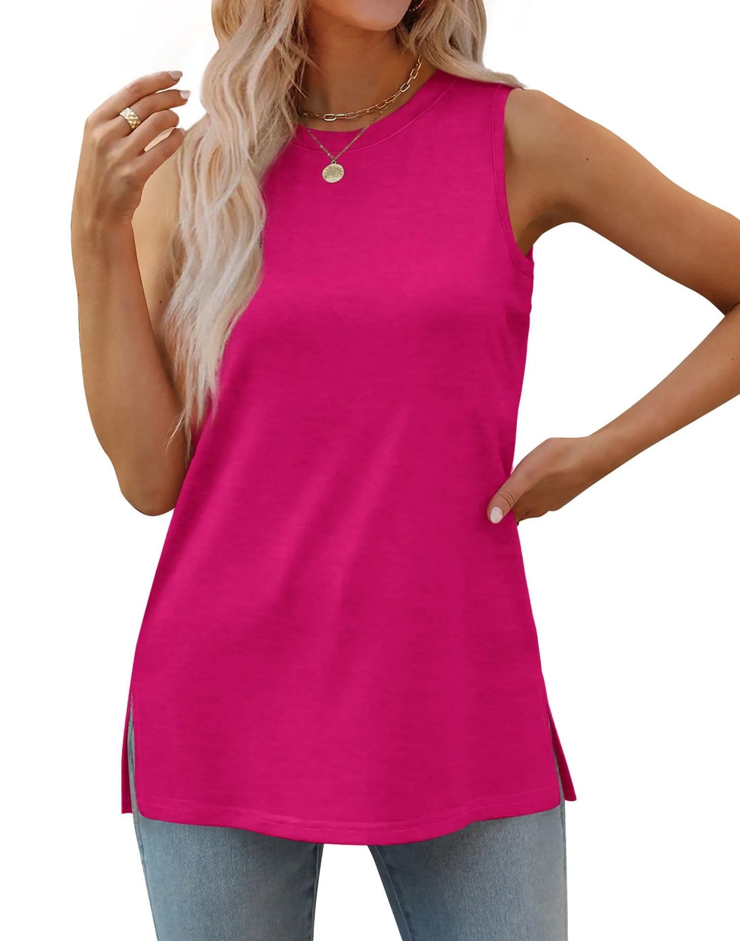 Womens Crewneck Loose Fit Side Split Basic Casual Summer Tank Tops