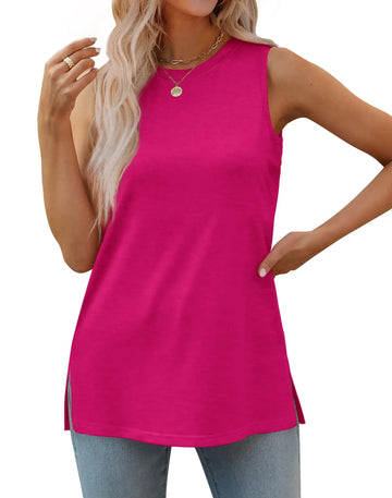 Womens Crewneck Loose Fit Side Split Basic Casual Summer Tank Tops