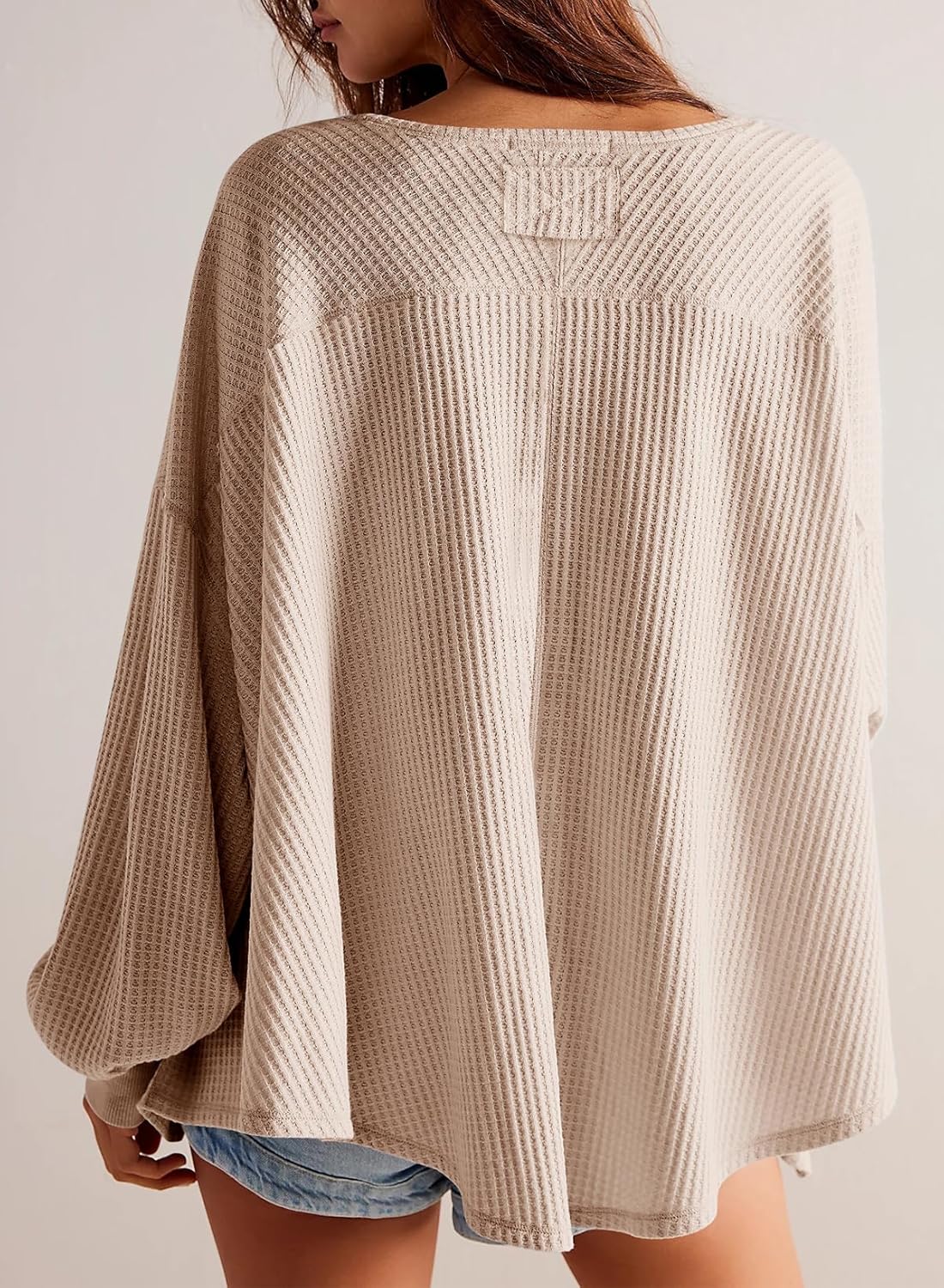 Womens Long Lantern Sleeve Waffle Knit Tops
