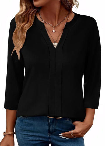 Womens 3/4 Length Sleeve Tops V Neck Pleated Work Blouses