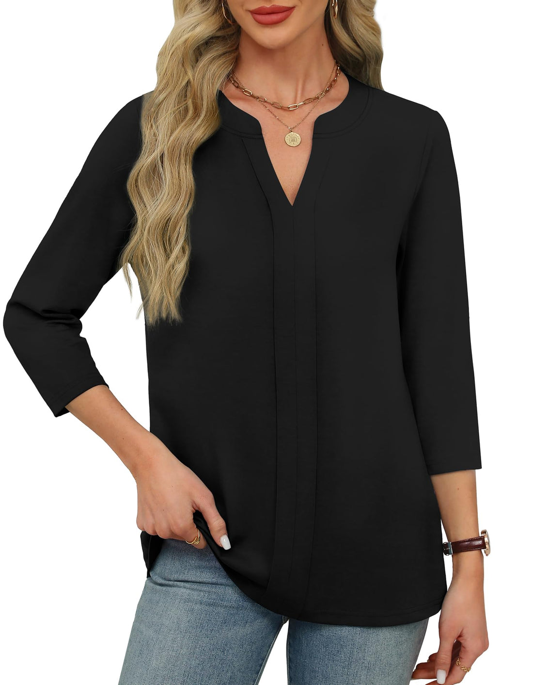 Womens 3/4 Length Sleeve Tops V Neck Pleated Work Blouses
