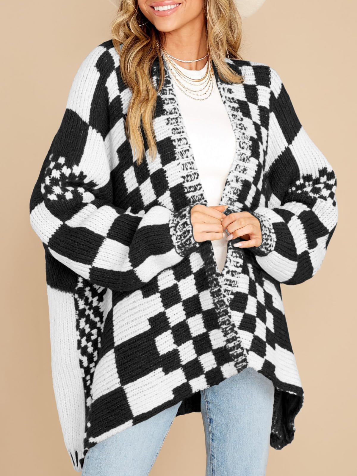 Women's Checkered Sweater Color Block Plaid Cardigans