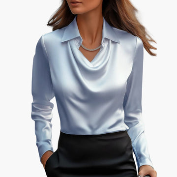 Satin Blouse For Women With Draped Collar And Long Sleeves