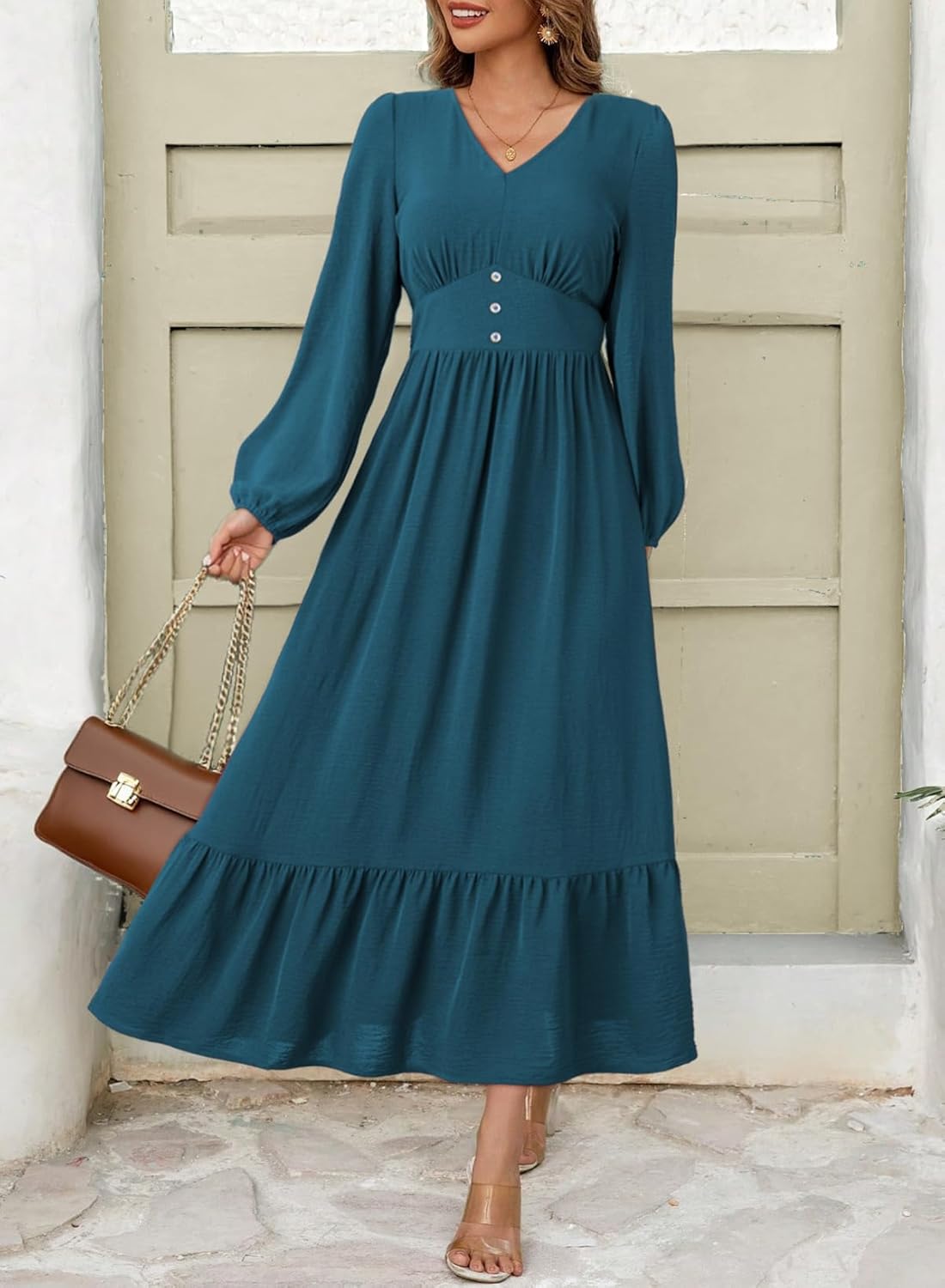 Womens Long Sleeve V Neck Elegant Casual Flowy Tiered Maxi Dresses