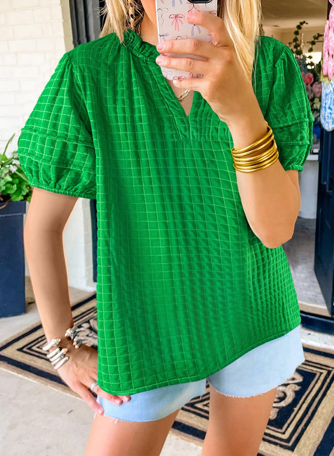 Womens Casual Puff Short Sleeve Shirts Ruffle V Neck Loose Blouses