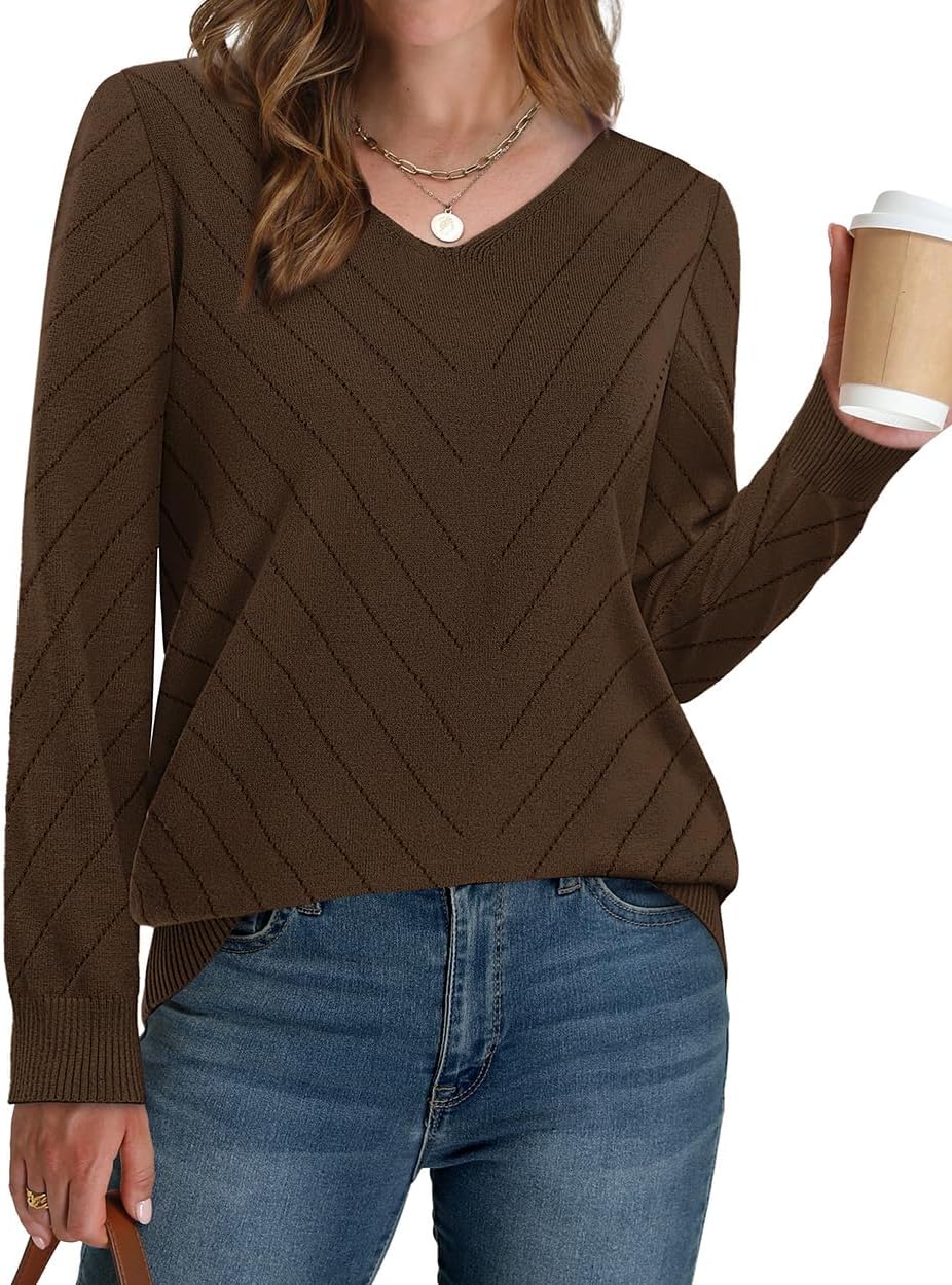 Women V Neck Casual Knit Long Sleeve Tops Lightweight Pullover Sweaters