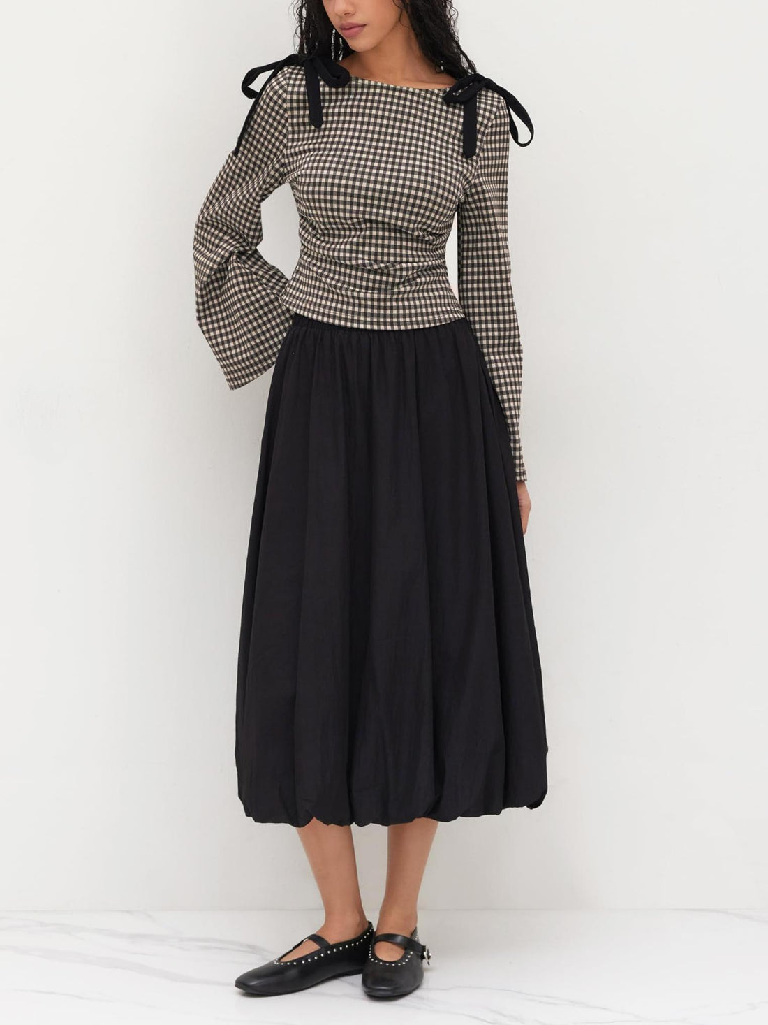 Womens Long Sleeve Boat Neck Ruched Slim Fit Bowknot Tops