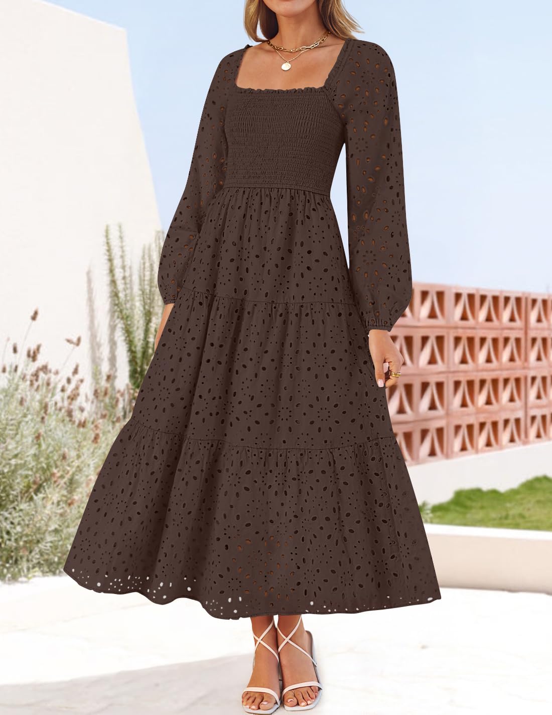 Women's Square Neck Hollow Out Eyelet Smocked A Line Flowy Maxi Dress