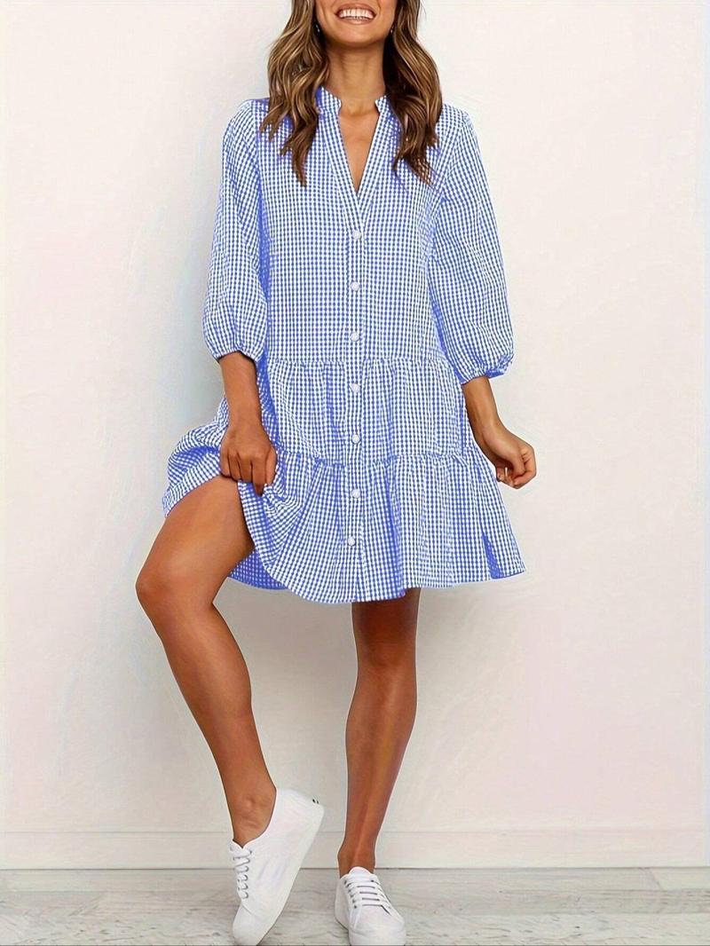 Women's Gingham Print Button Front Ruffle Hem Shirt Dress