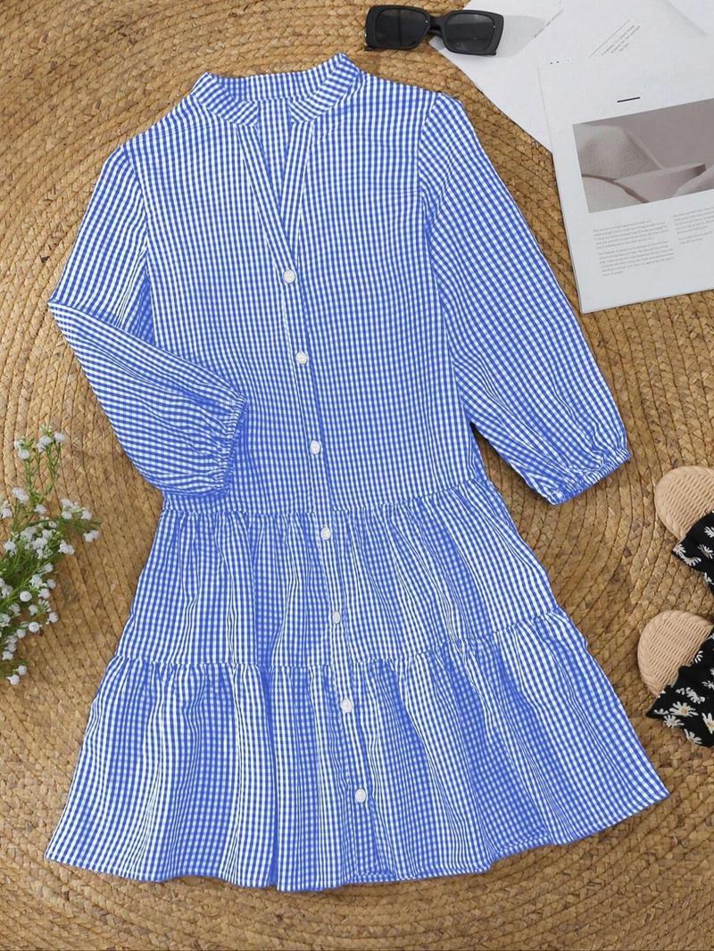 Women's Gingham Print Button Front Ruffle Hem Shirt Dress