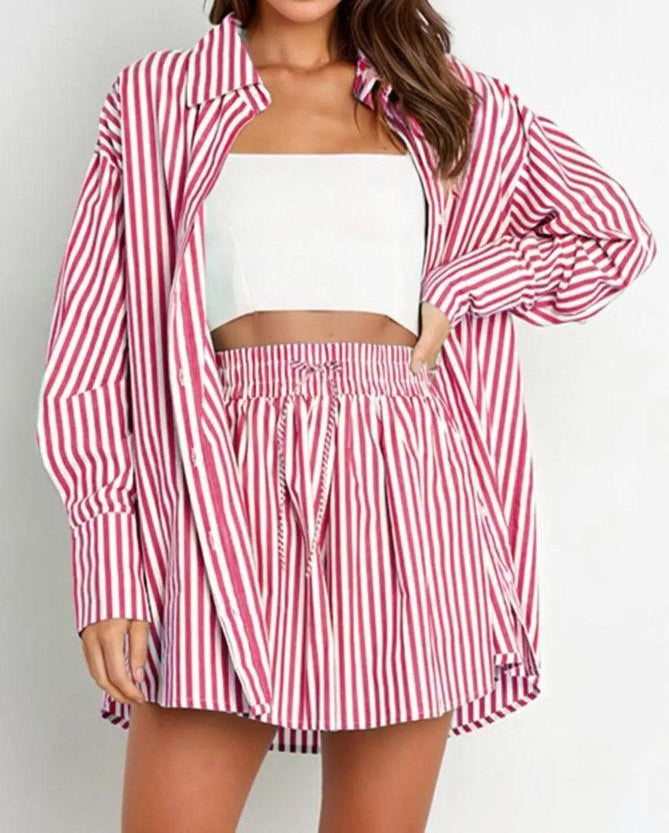 Women's Striped Print Co-ord Two-piece Casual Matching Set