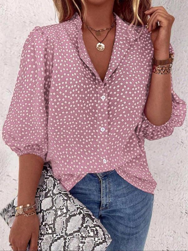 Women's Floral Puff Sleeve Print Shirt Dots Thru Shirt Blouse