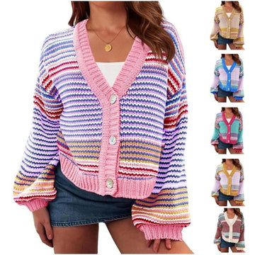 Womens Striped Cardigan Puff Sleeve Button Up V Neck Color Block Knit Sweater Coat
