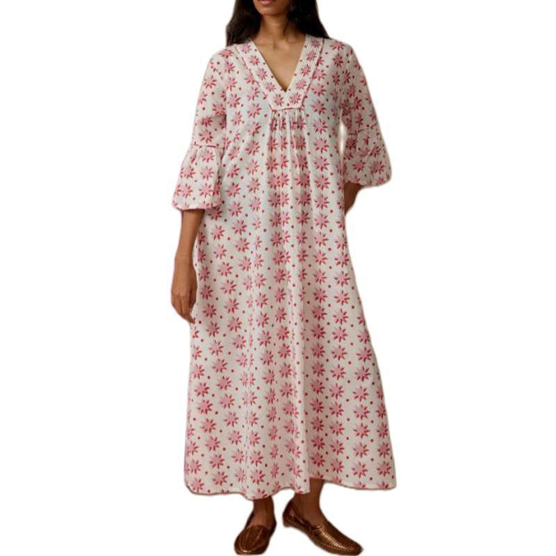 Women Summer Fall Half Flared Sleeve Deep V Neck Floral Vacation Dress