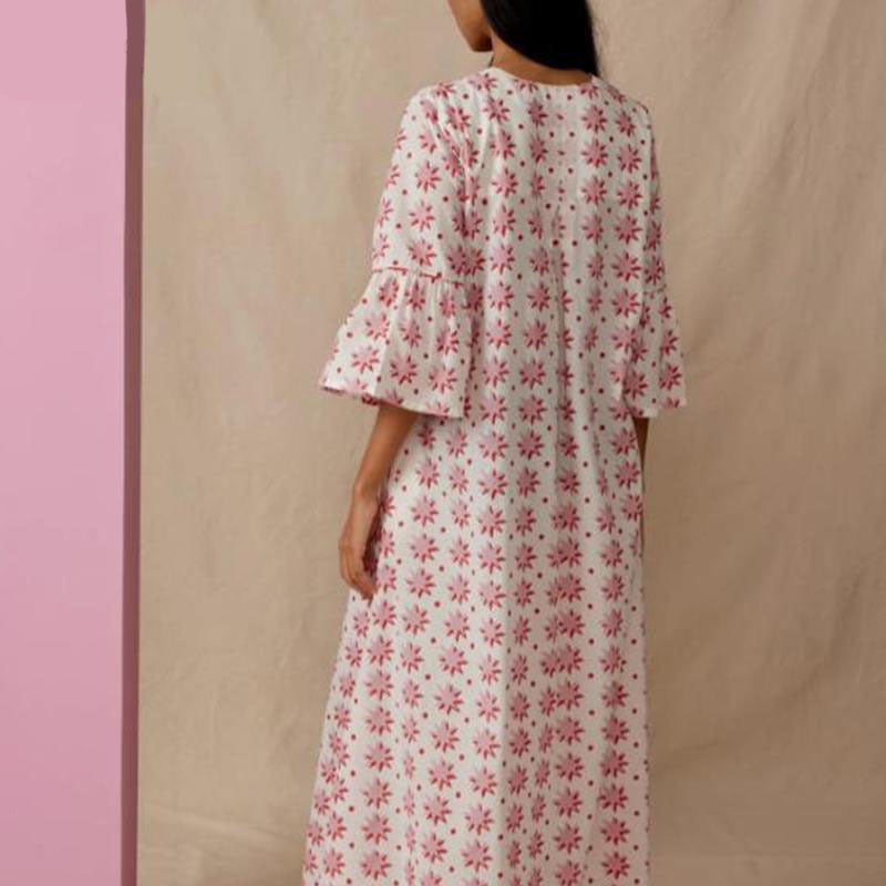 Women Summer Fall Half Flared Sleeve Deep V Neck Floral Vacation Dress