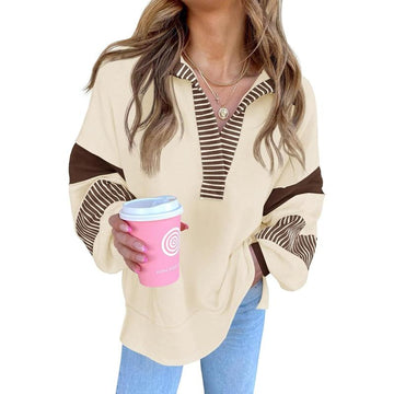 Womens Color Block Oversized Sweatshirt V Neck Casual Loose Pullover Tops