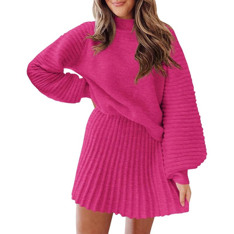 Women's Outfits Long Sleeve Mock Neck Ribbed Sweaters And Mini Skirt Two Piece Sets