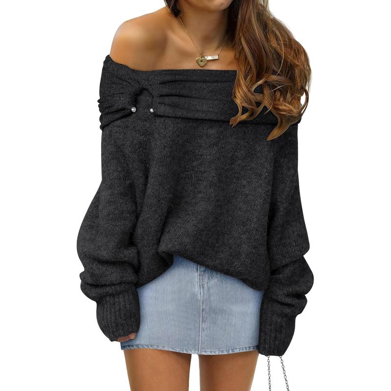 Womens Off Shoulder Long Sleeve Casual Loose Knitted Trendy Pullover Tops