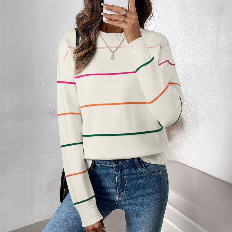 Women's Striped Sweater Cozy Soft Ribbed Knit Crew Neck Long Sleeve