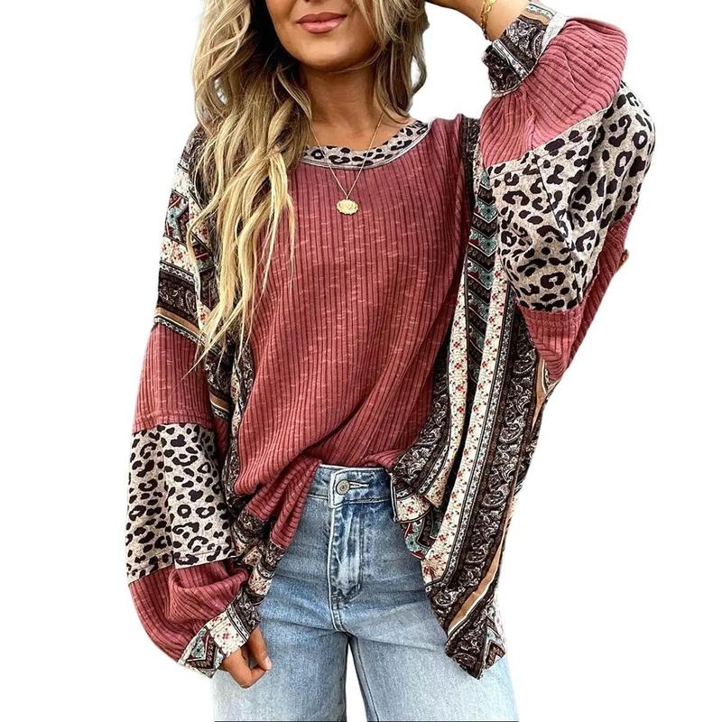 Womens Loose Fit Long Sleeve Oversized Retro Leopard Contrast Patchwork Top