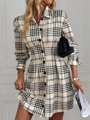 Women's Check Lapel Waist Slimming A Penum Dress