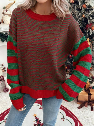 Women's Striped Pullover Sweater Autumn And Winter Outfits Color Block