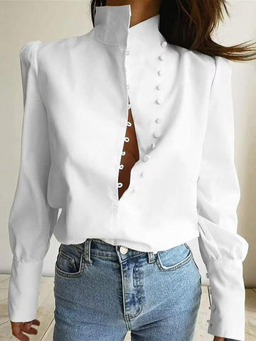 Women's Plain Button Front Shirt Casual Elegant Long Sleeve Top