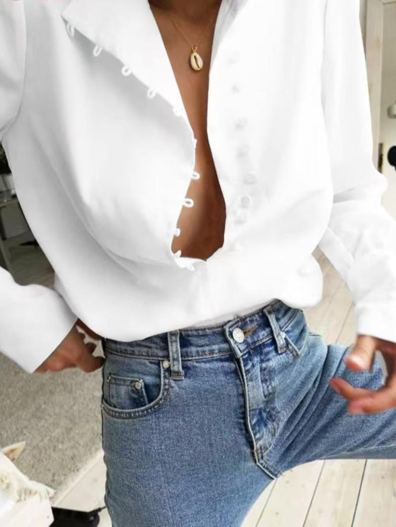 Women's Plain Button Front Shirt Casual Elegant Long Sleeve Top