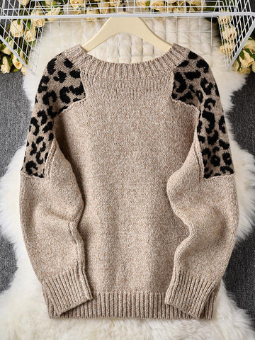 Women's Leopard Print Casual Long Sleeve Round Sweater