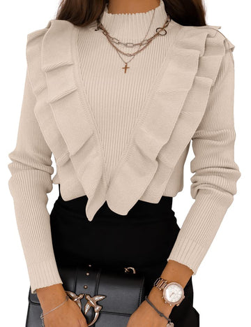 Women's Ruffle Sweaters Mock Neck Cute Cozy Fitted Pullover Sweater Top