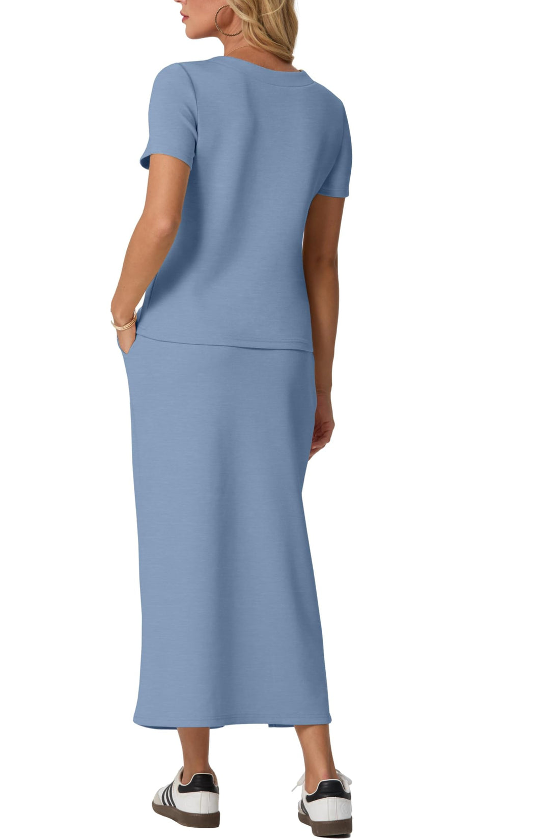 Women's V-Neck Wrinkle-Free Top and Elastic Waist Midi Side Slit Skirt with Pockets