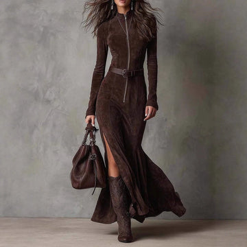 Women’s Winter Long-Sleeve Maxi Dress with Front Slit