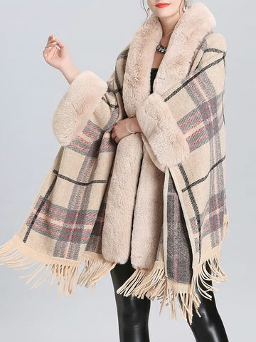 Faux Fur Coat Women Plaid Poncho Long Sleeve Batwing Oversized Cape Coat