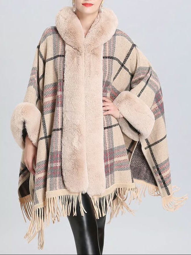 Faux Fur Coat Women Plaid Poncho Long Sleeve Batwing Oversized Cape Coat