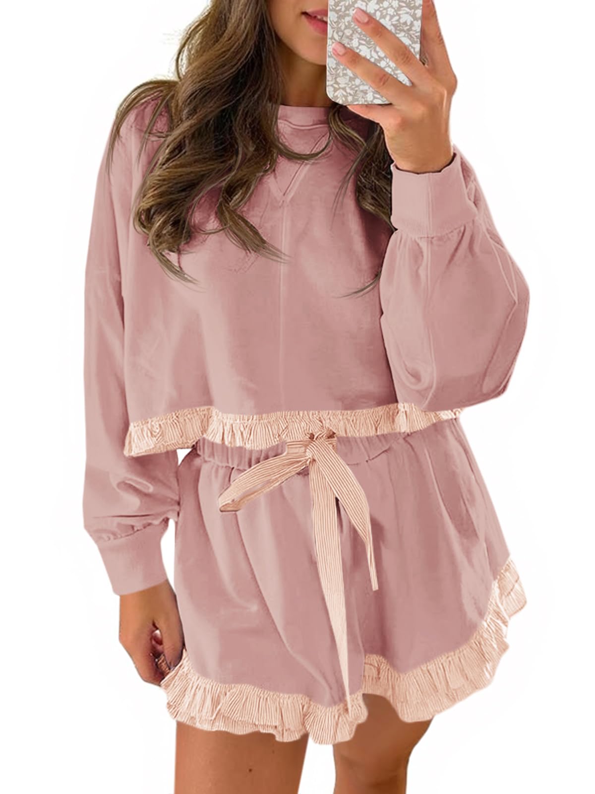 Women's Ruffled Colorblock Cropped Sweatshirts Drawstring Shorts Two-Piece Set