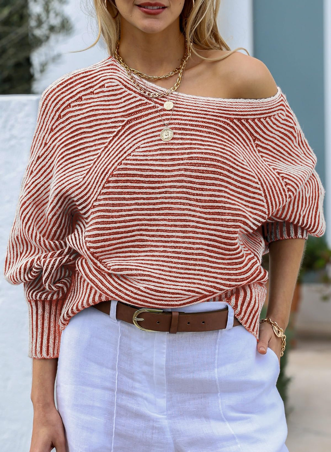 Women Boat Neck Batwing Sleeve Oversized Pullover Sweater Tops