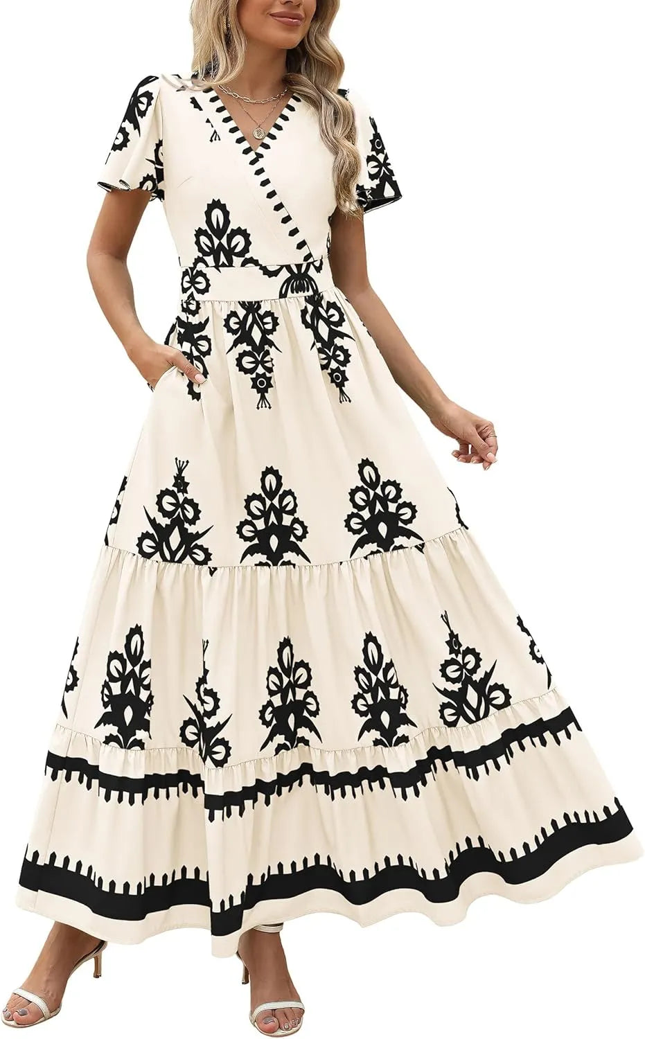 Womens Casual V Neck Boho Maxi Dress With Pockets