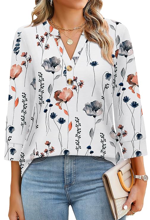 Fall Womens 3/4 Sleeve Heley Button V Neck Tops