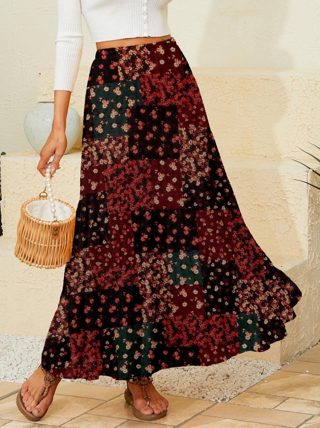 Women's Chiffon Elastic High Waist Pleated A-Line Flared Maxi Skirt