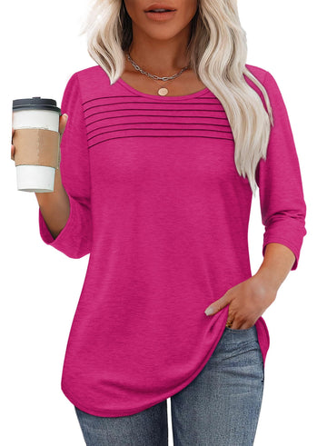 Women's Pleated Chest Top with 3/4 Sleeves and Crew Neck