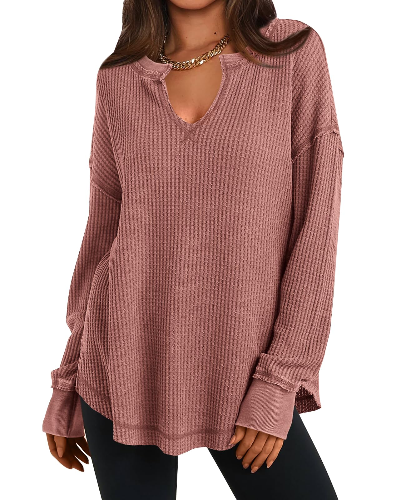 Women's Waffle Knit Exposed Seam Pullover