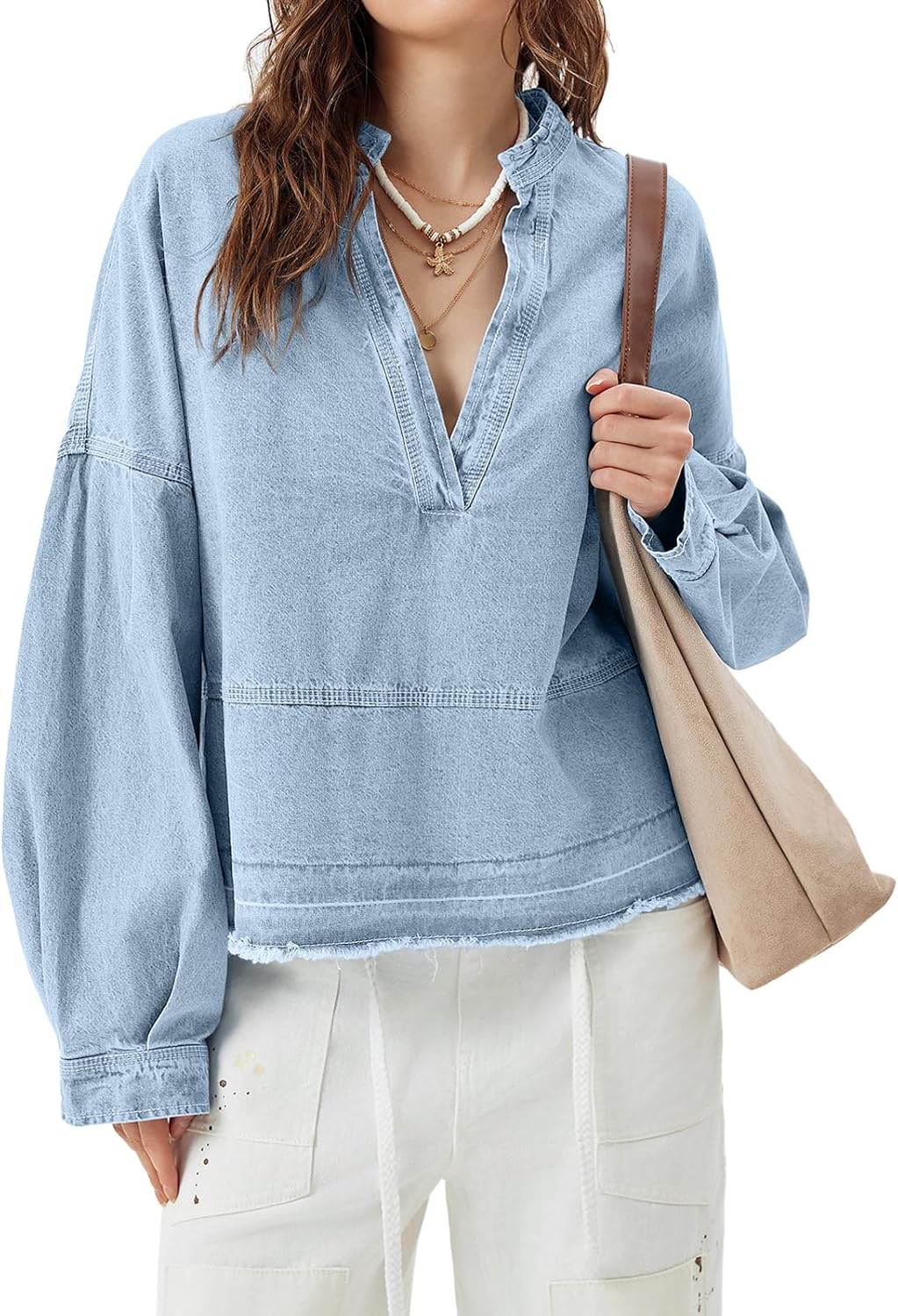 Womens Denim Tops Pullover Trendy Casual V Neck Loose Fit Puff Sleeve Jean Cotton Shirts