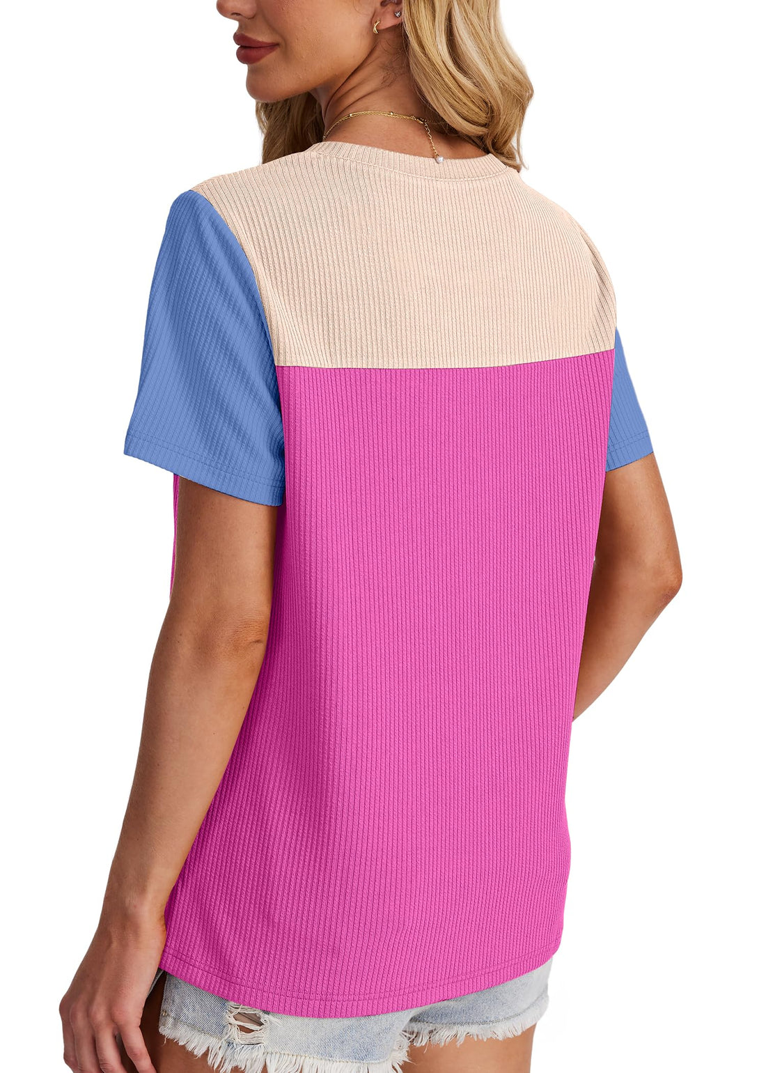 Women‘s Color Block Shirts Short Sleeve Knitted Spring Summer Tops